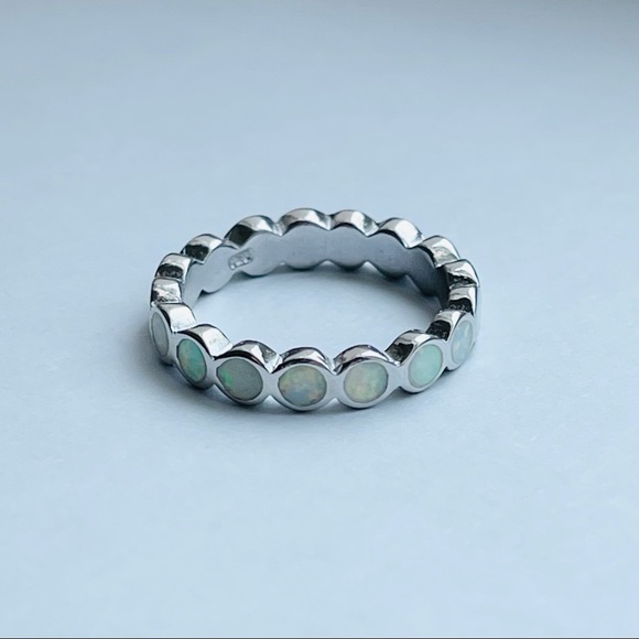 💕TOP SELLER💕 Silver Eternity White Lab Opal Band, Silver Ring, Wedding Bands - Picture 3 of 12